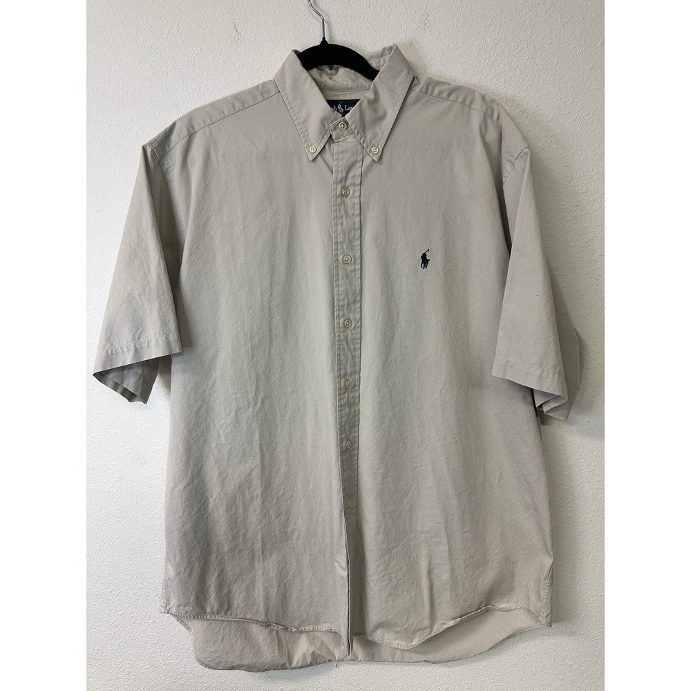 Vtg Ralph Lauren Shirt Men's L Large Blake Beige Short Sleeve Pony 100% Cotton